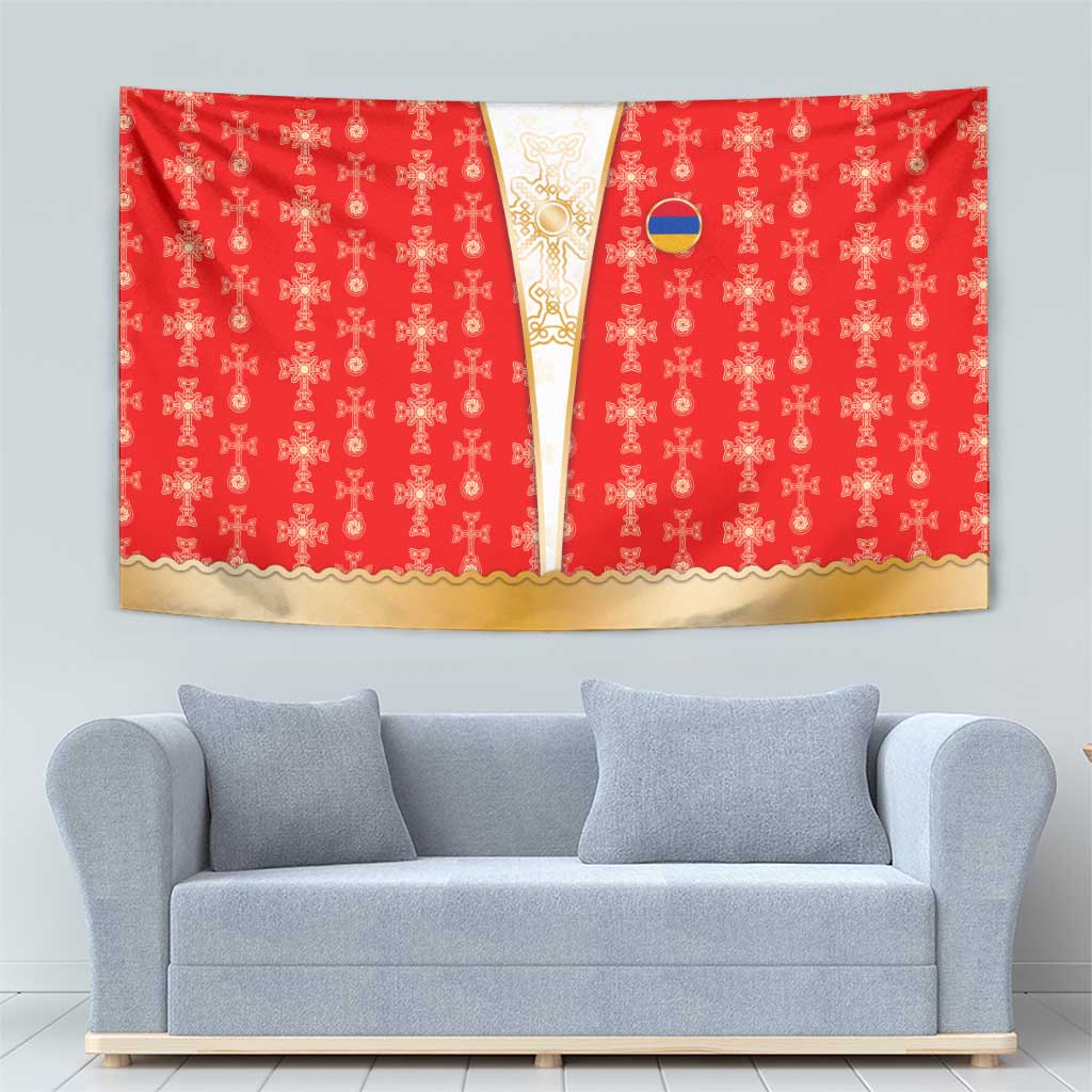 Armenian Traditional Red Tapestry with Gold Cross Pattern and Flag Crest - Wonder Print Shop
