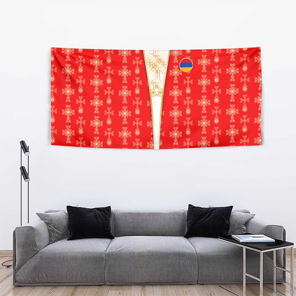 Armenian Traditional Red Tapestry with Gold Cross Pattern and Flag Crest - Wonder Print Shop
