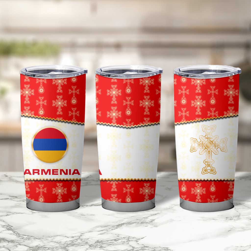 Armenian Traditional Red Tumbler Cup with Gold Cross Pattern and Flag Crest - Wonder Print Shop