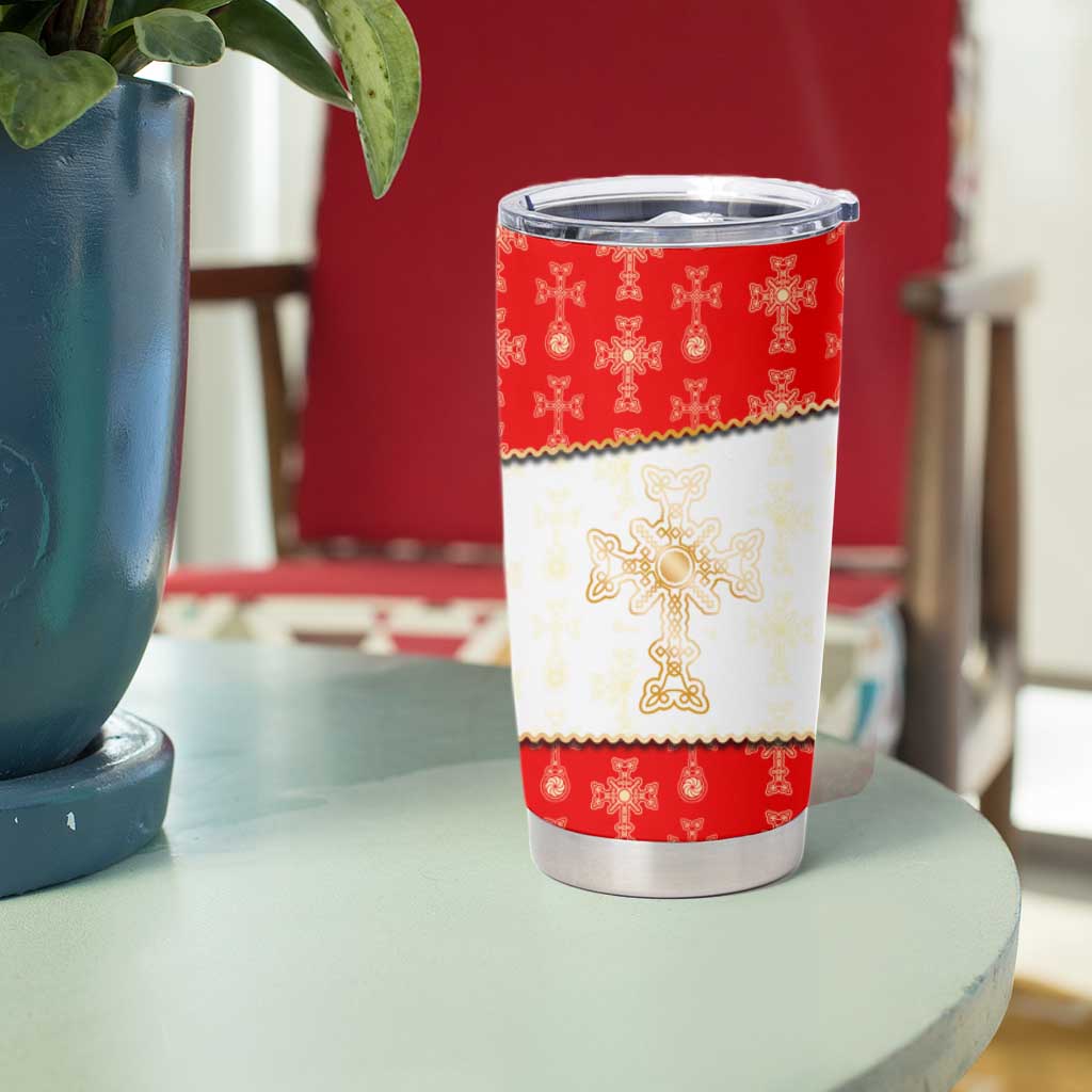 Armenian Traditional Red Tumbler Cup with Gold Cross Pattern and Flag Crest - Wonder Print Shop