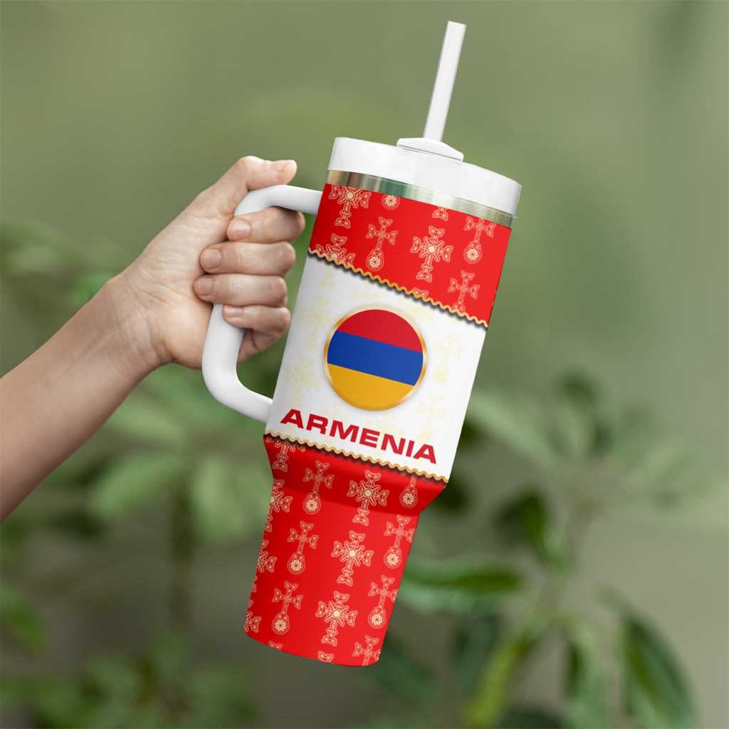 Armenian Traditional Red Tumbler With Handle with Gold Cross Pattern and Flag Crest - Wonder Print Shop
