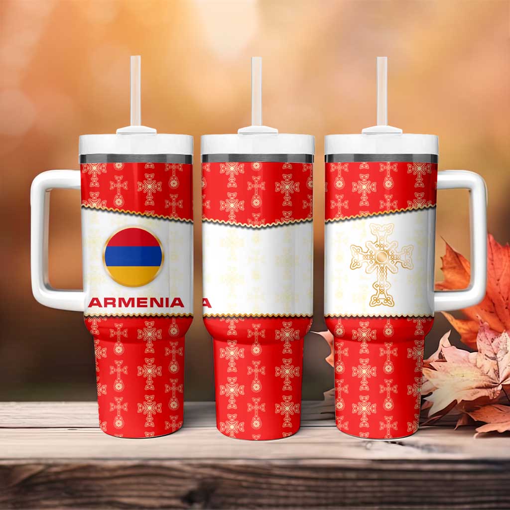 Armenian Traditional Red Tumbler With Handle with Gold Cross Pattern and Flag Crest - Wonder Print Shop