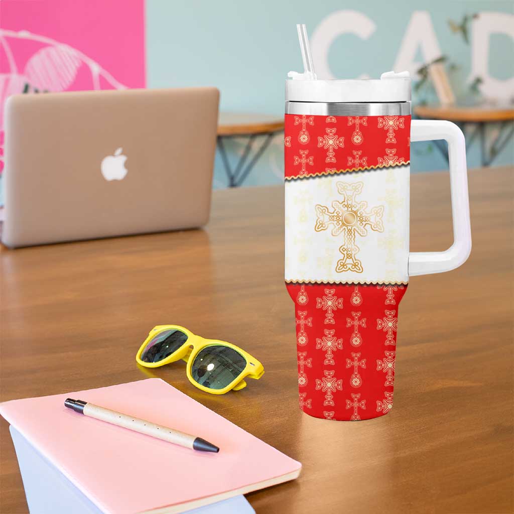 Armenian Traditional Red Tumbler With Handle with Gold Cross Pattern and Flag Crest - Wonder Print Shop