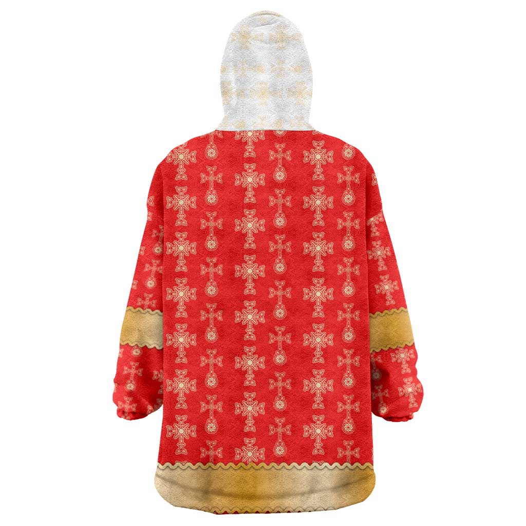 Armenian Traditional Red Wearable Blanket Hoodie with Gold Cross Pattern and Flag Crest - Wonder Print Shop