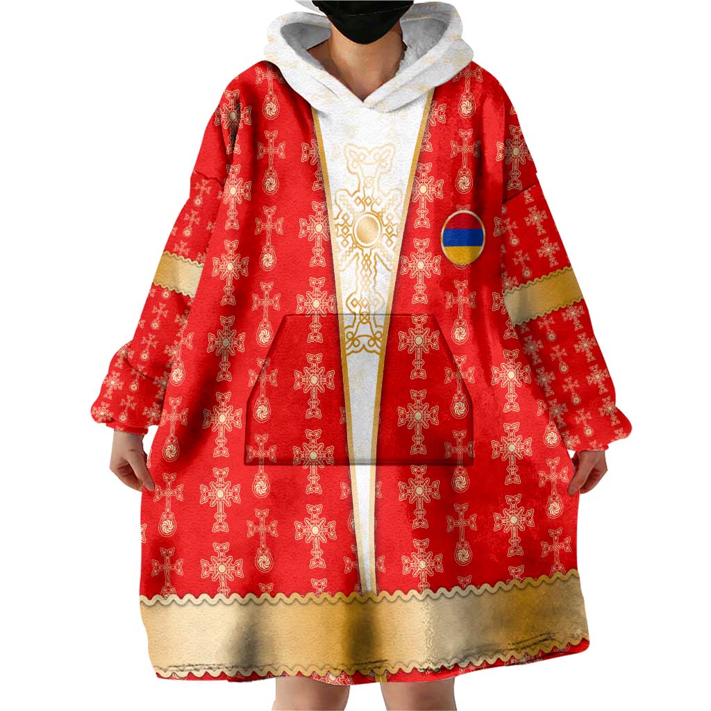Armenian Traditional Red Wearable Blanket Hoodie with Gold Cross Pattern and Flag Crest - Wonder Print Shop