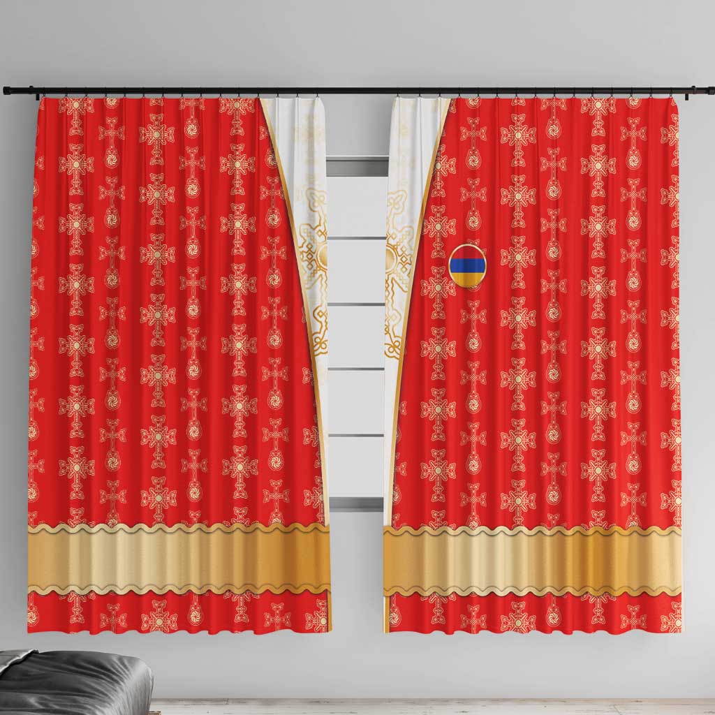 Armenian Traditional Red Window Curtain with Gold Cross Pattern and Flag Crest - Wonder Print Shop