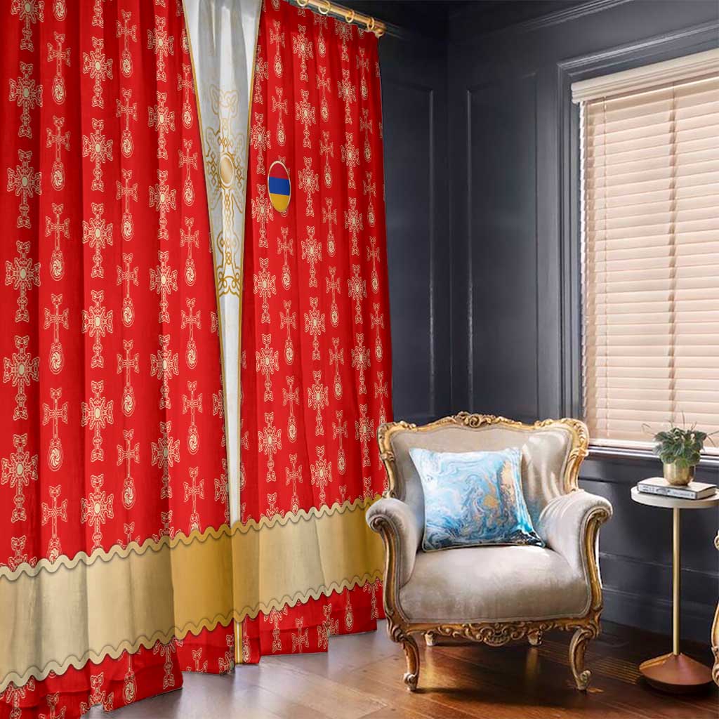Armenian Traditional Red Window Curtain with Gold Cross Pattern and Flag Crest - Wonder Print Shop