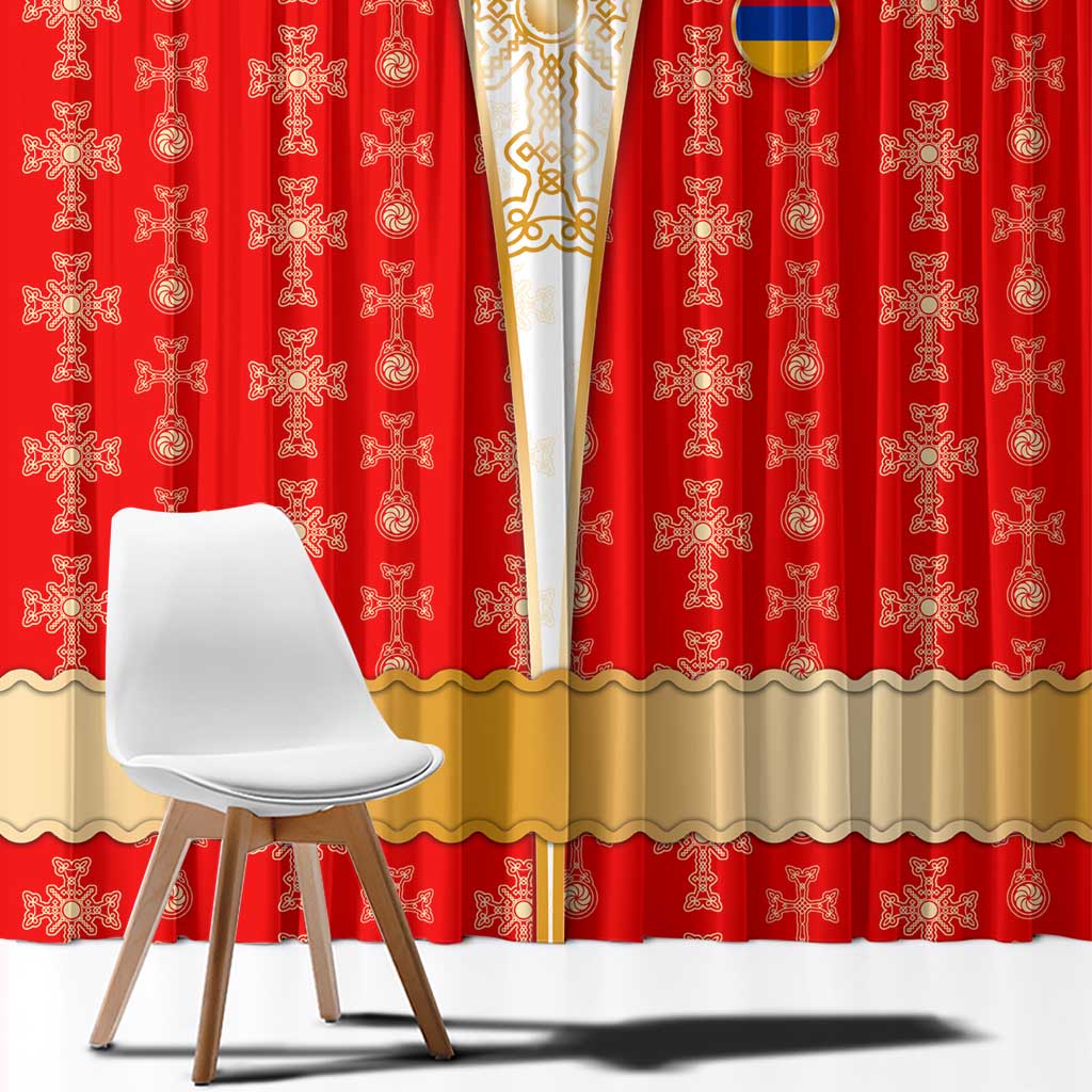 Armenian Traditional Red Window Curtain with Gold Cross Pattern and Flag Crest - Wonder Print Shop