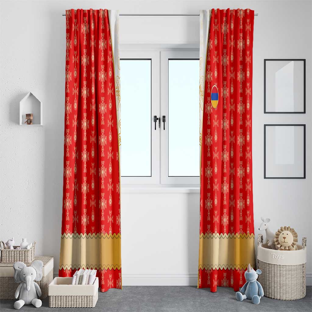 Armenian Traditional Red Window Curtain with Gold Cross Pattern and Flag Crest - Wonder Print Shop
