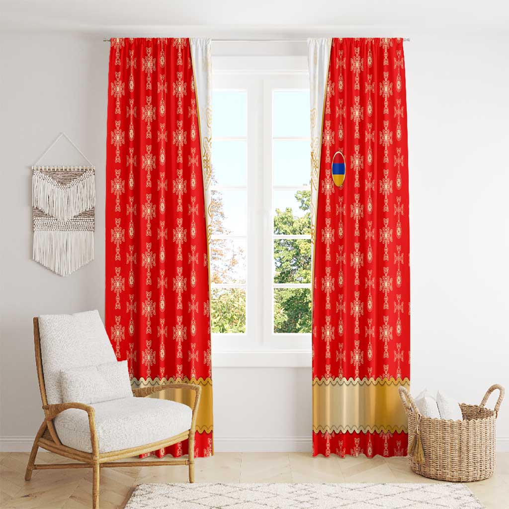Armenian Traditional Red Window Curtain with Gold Cross Pattern and Flag Crest - Wonder Print Shop
