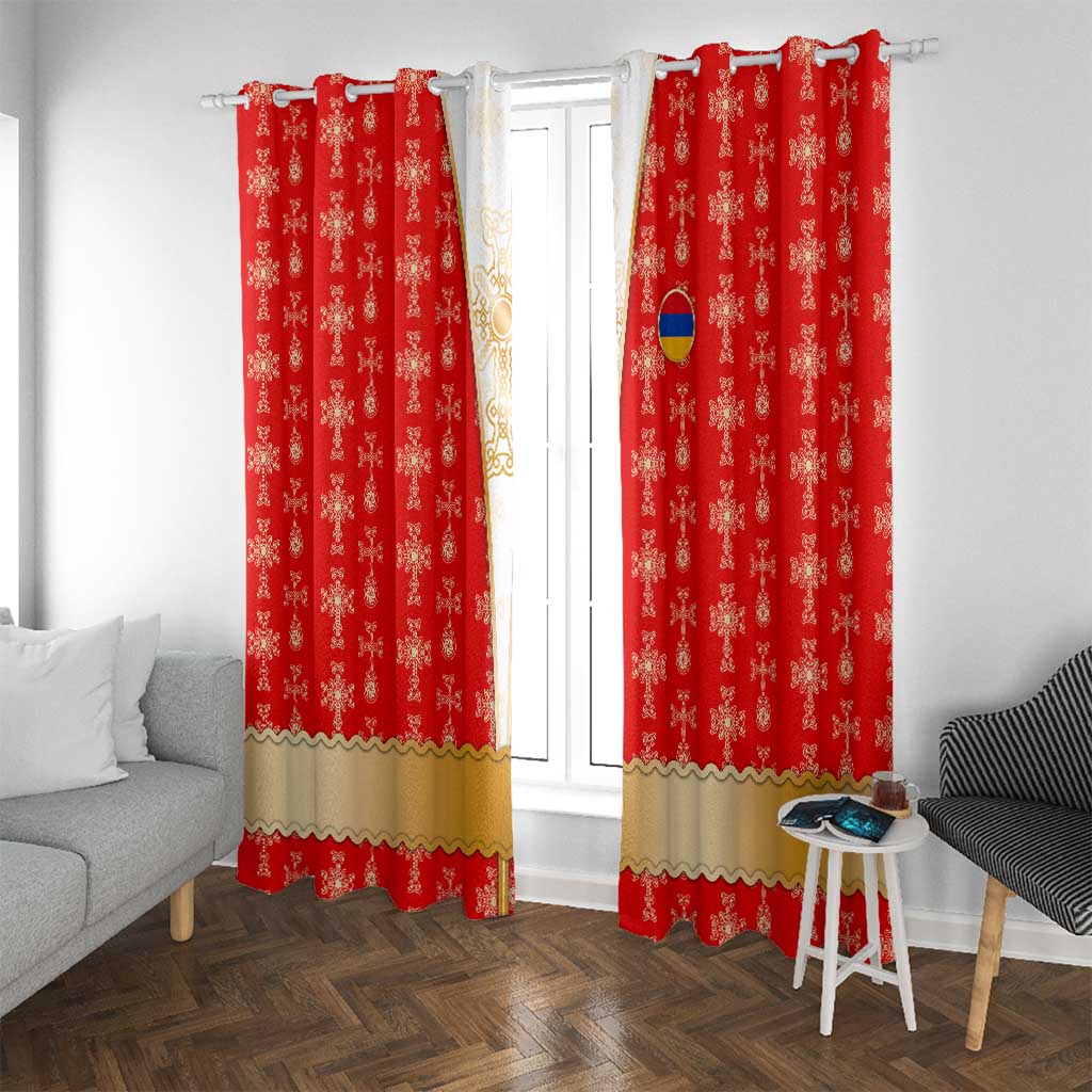 Armenian Traditional Red Window Curtain with Gold Cross Pattern and Flag Crest - Wonder Print Shop