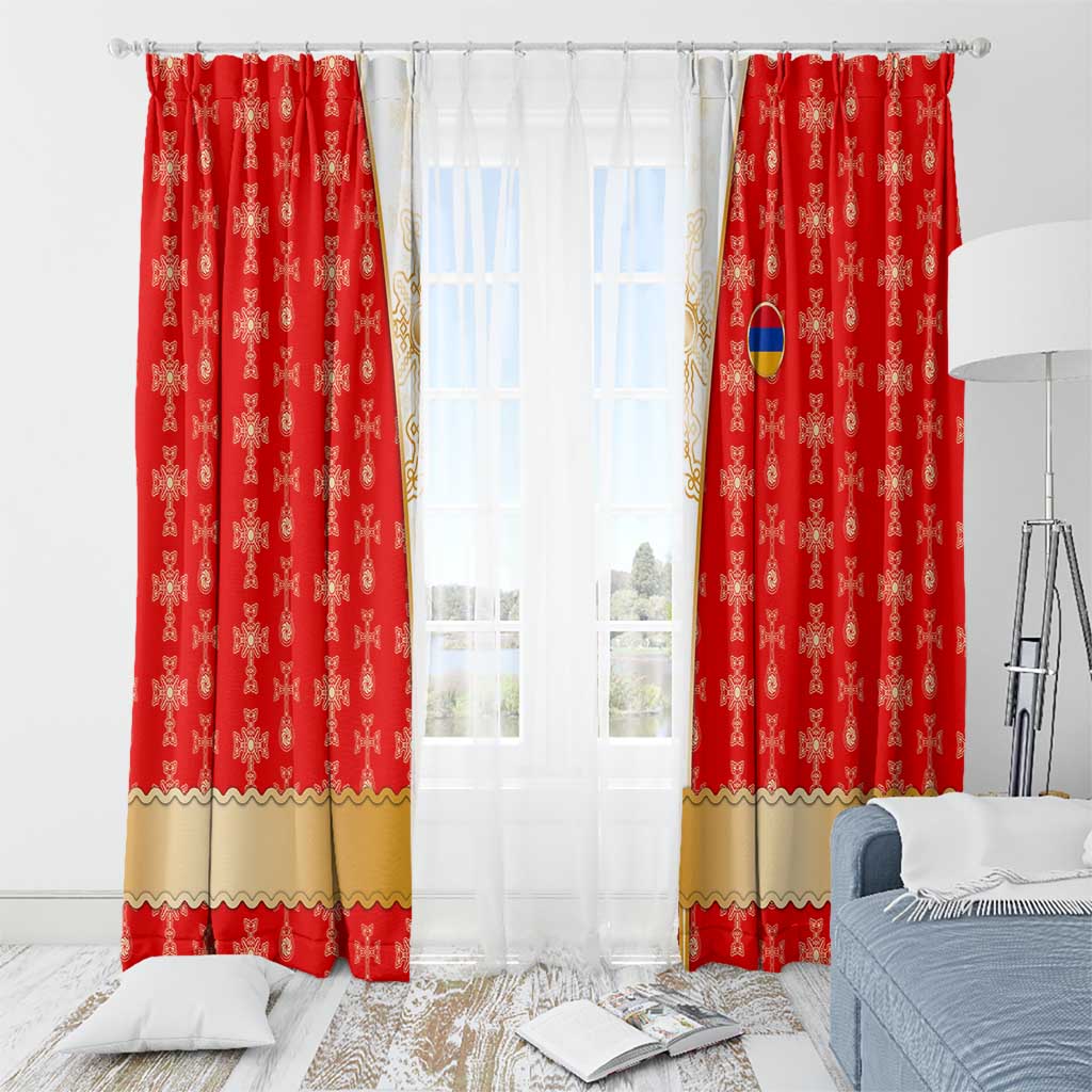 Armenian Traditional Red Window Curtain with Gold Cross Pattern and Flag Crest - Wonder Print Shop