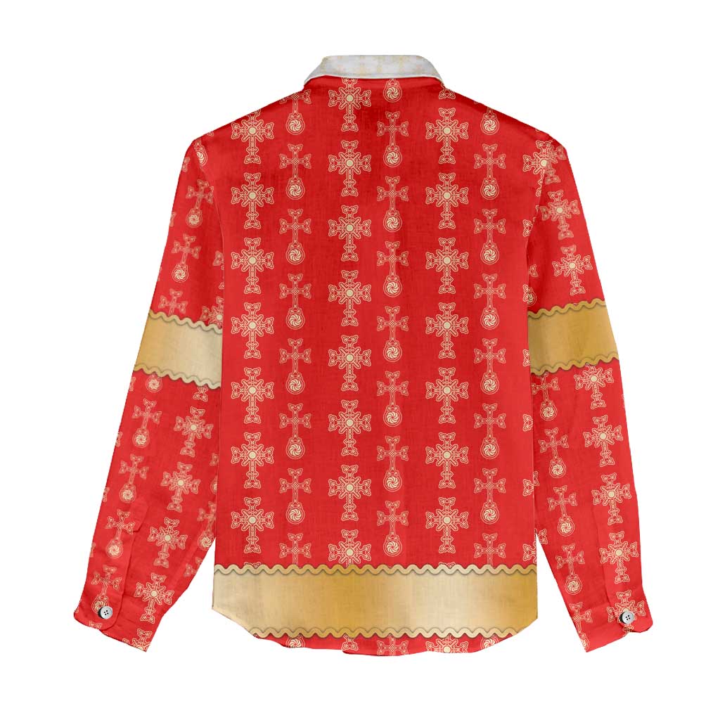 Armenian Traditional Red Women Casual Shirt with Gold Cross Pattern and Flag Crest - Wonder Print Shop