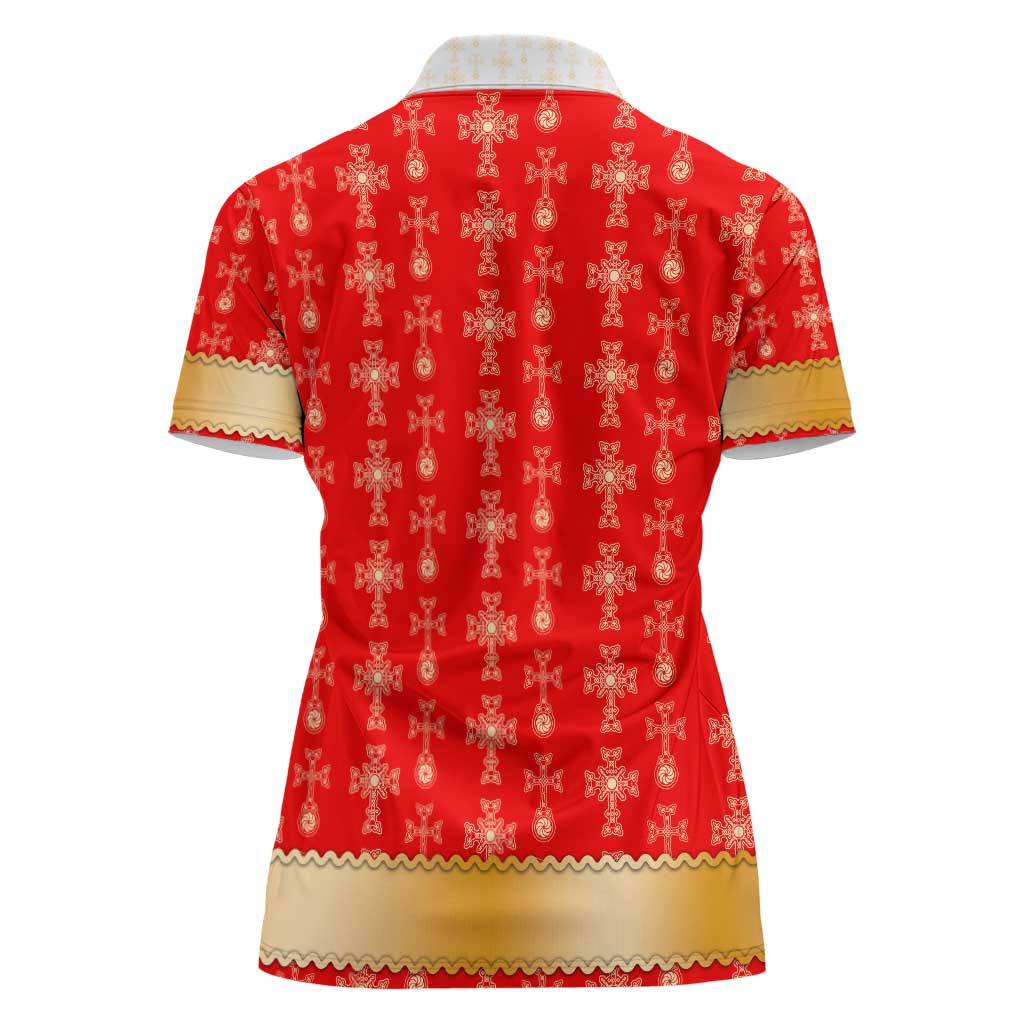 Armenian Traditional Red Women Polo Shirt with Gold Cross Pattern and Flag Crest - Wonder Print Shop