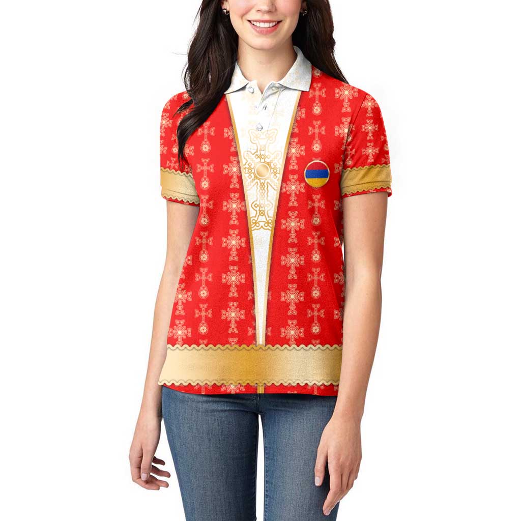 Armenian Traditional Red Women Polo Shirt with Gold Cross Pattern and Flag Crest - Wonder Print Shop