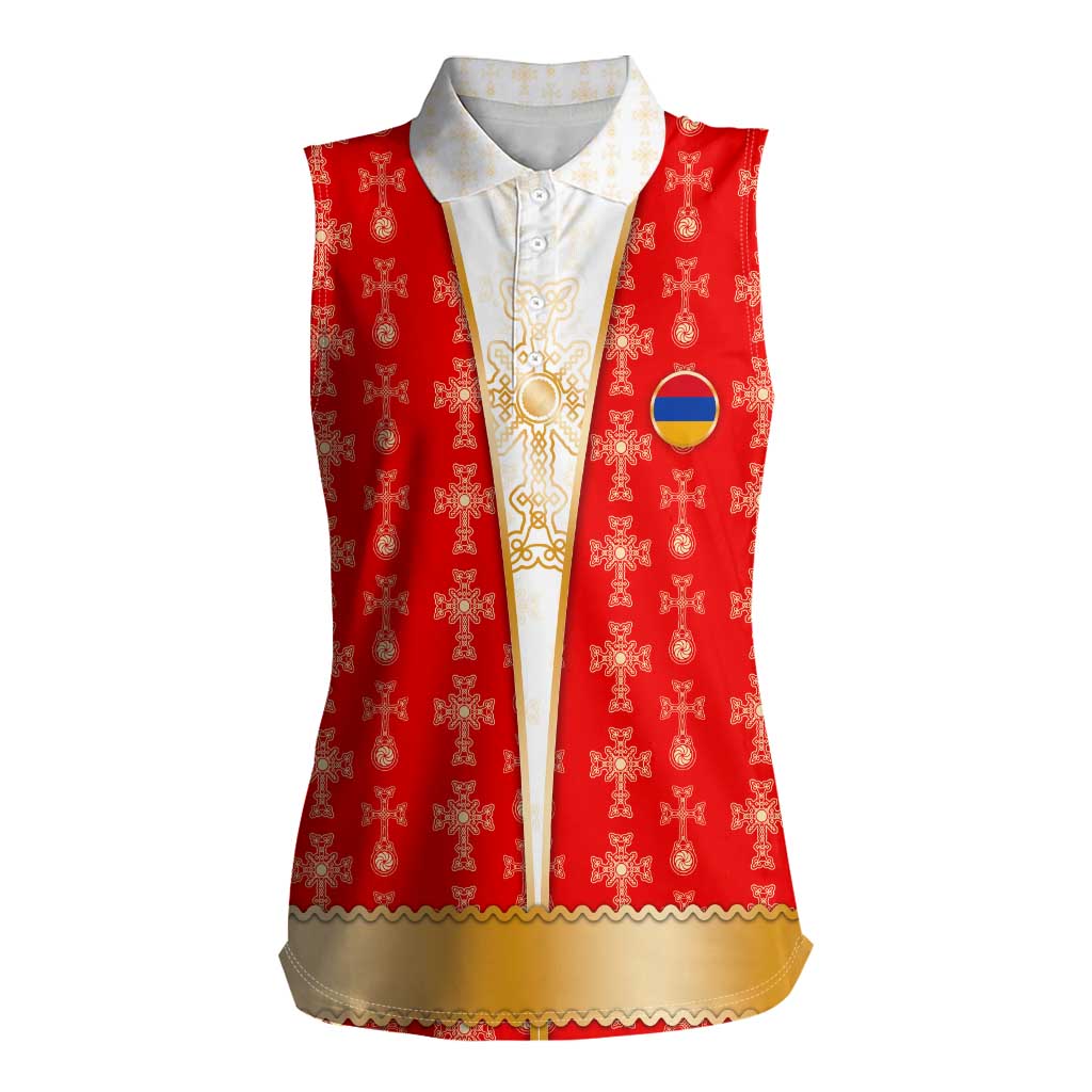 Armenian Traditional Red Women Sleeveless Polo Shirt with Gold Cross Pattern and Flag Crest - Wonder Print Shop