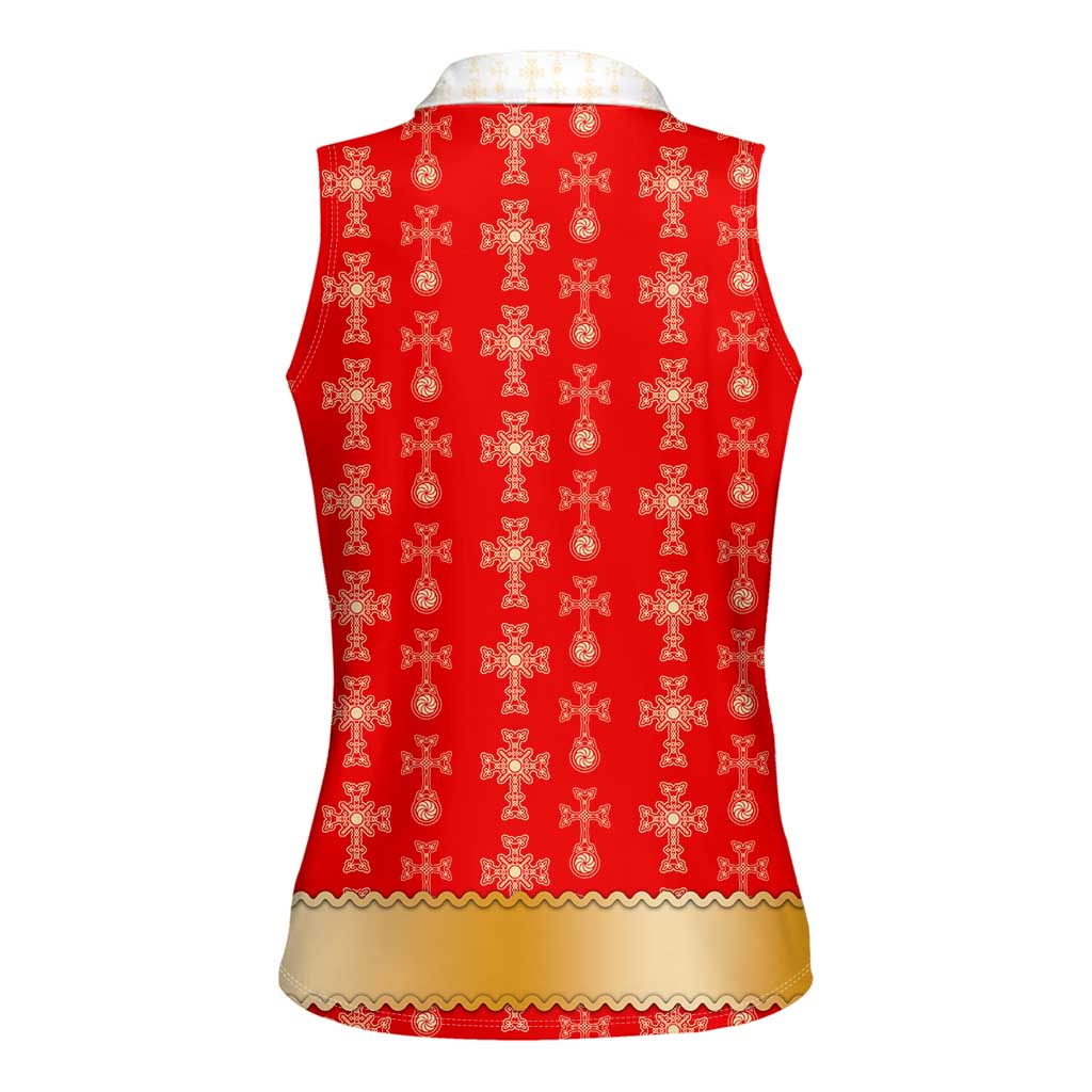 Armenian Traditional Red Women Sleeveless Polo Shirt with Gold Cross Pattern and Flag Crest - Wonder Print Shop