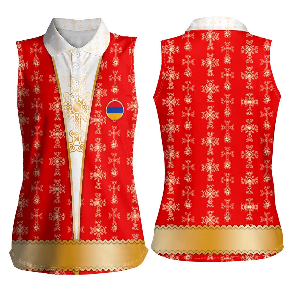 Armenian Traditional Red Women Sleeveless Polo Shirt with Gold Cross Pattern and Flag Crest - Wonder Print Shop
