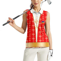 Armenian Traditional Red Women Sleeveless Polo Shirt with Gold Cross Pattern and Flag Crest - Wonder Print Shop