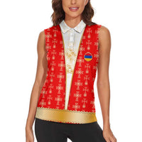Armenian Traditional Red Women Sleeveless Polo Shirt with Gold Cross Pattern and Flag Crest - Wonder Print Shop