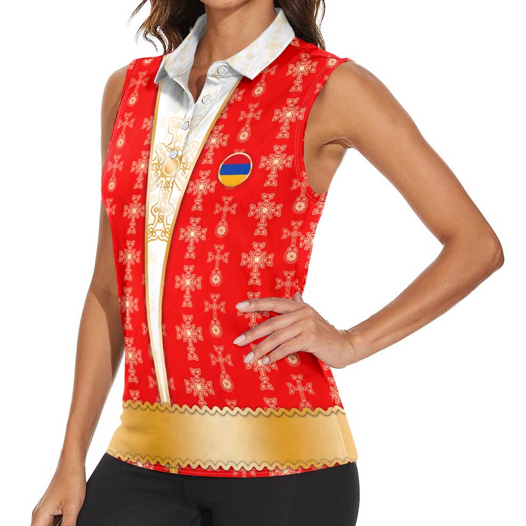 Armenian Traditional Red Women Sleeveless Polo Shirt with Gold Cross Pattern and Flag Crest - Wonder Print Shop
