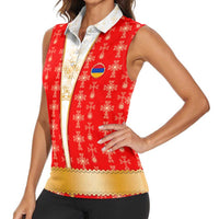Armenian Traditional Red Women Sleeveless Polo Shirt with Gold Cross Pattern and Flag Crest - Wonder Print Shop
