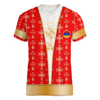 Armenian Traditional Red Women V-Neck T-Shirt with Gold Cross Pattern and Flag Crest - Wonder Print Shop