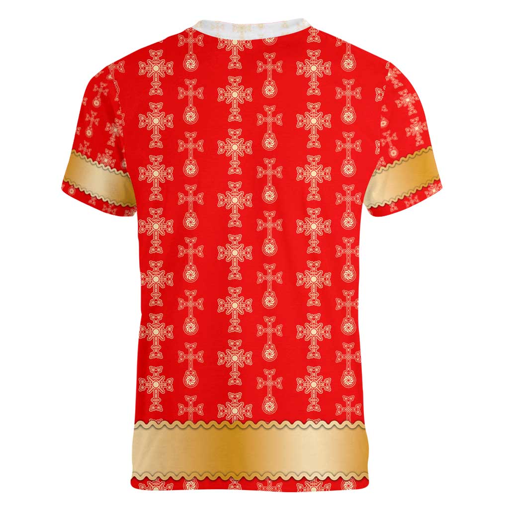 Armenian Traditional Red Women V-Neck T-Shirt with Gold Cross Pattern and Flag Crest - Wonder Print Shop