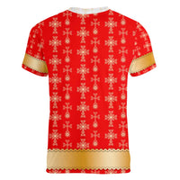 Armenian Traditional Red Women V-Neck T-Shirt with Gold Cross Pattern and Flag Crest - Wonder Print Shop