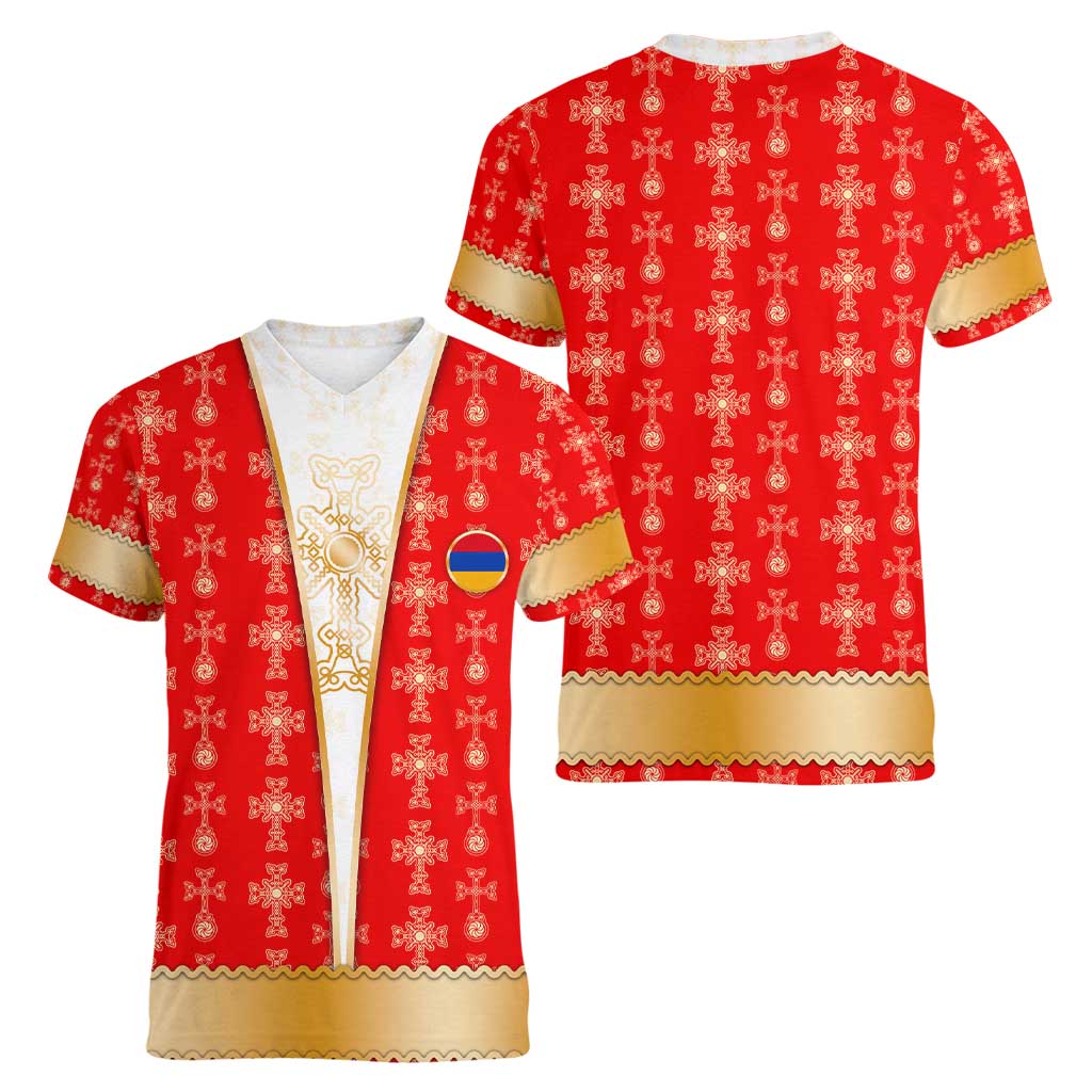 Armenian Traditional Red Women V-Neck T-Shirt with Gold Cross Pattern and Flag Crest - Wonder Print Shop
