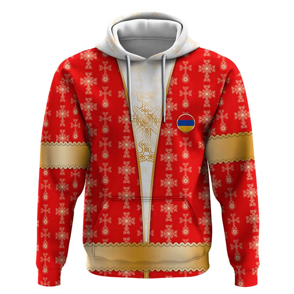Armenian Traditional Red Zip Hoodie with Gold Cross Pattern and Flag Crest - Wonder Print Shop