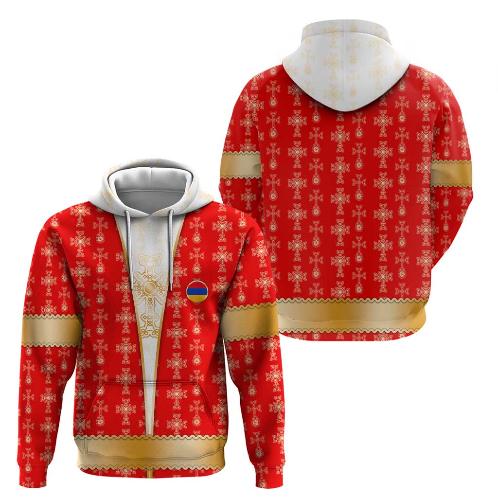 Armenian Traditional Red Zip Hoodie with Gold Cross Pattern and Flag Crest - Wonder Print Shop