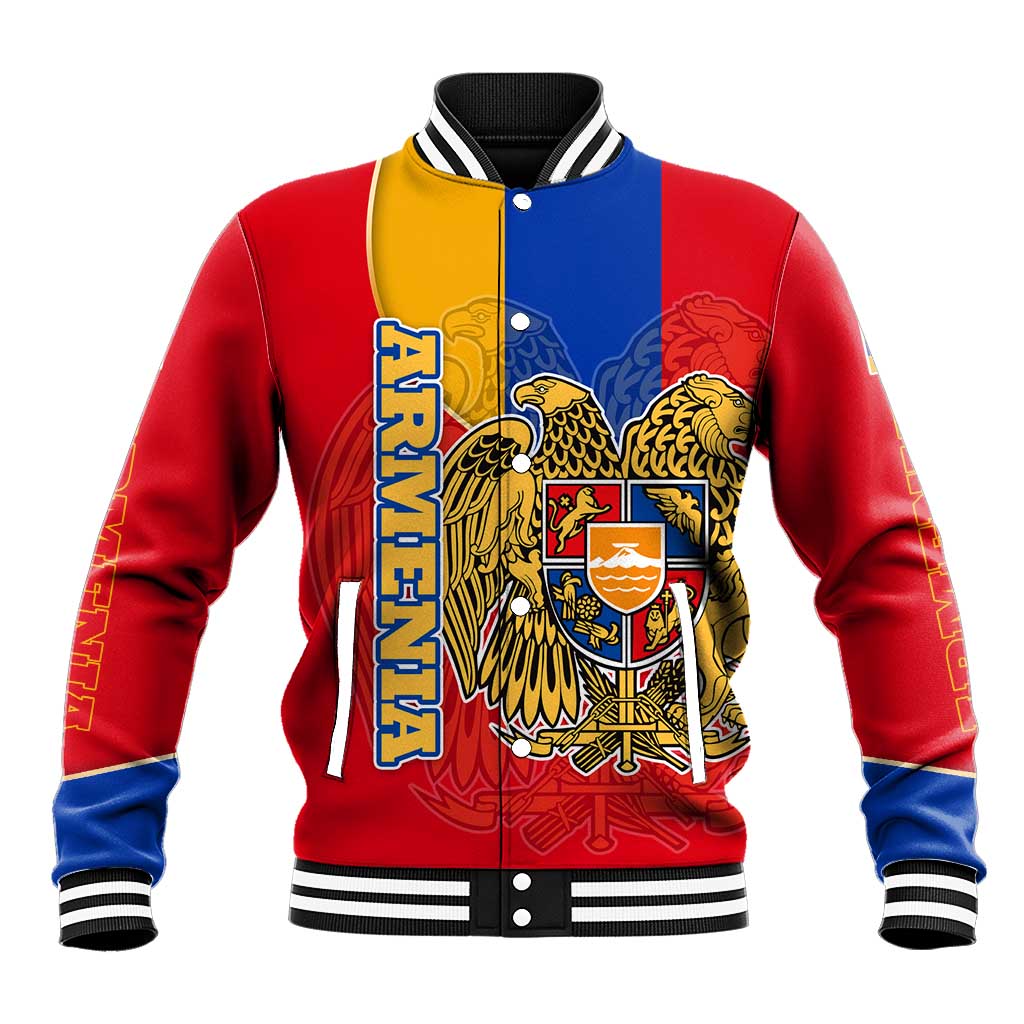 Armenia Flag Baseball Jacket with National Coat of Arms and Map Design - Wonder Print Shop
