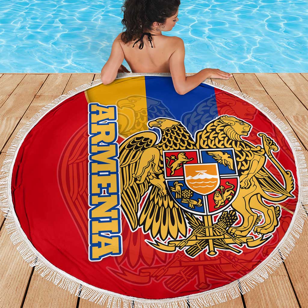 Armenia Flag Beach Blanket with National Coat of Arms and Map Design - Wonder Print Shop