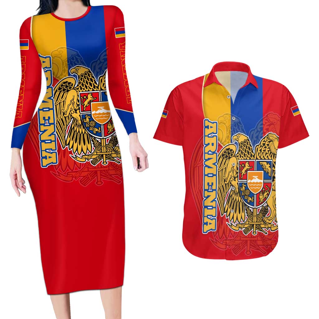 Armenia Flag Couples Matching Long Sleeve Bodycon Dress and Hawaiian Shirt with National Coat of Arms and Map Design - Wonder Print Shop