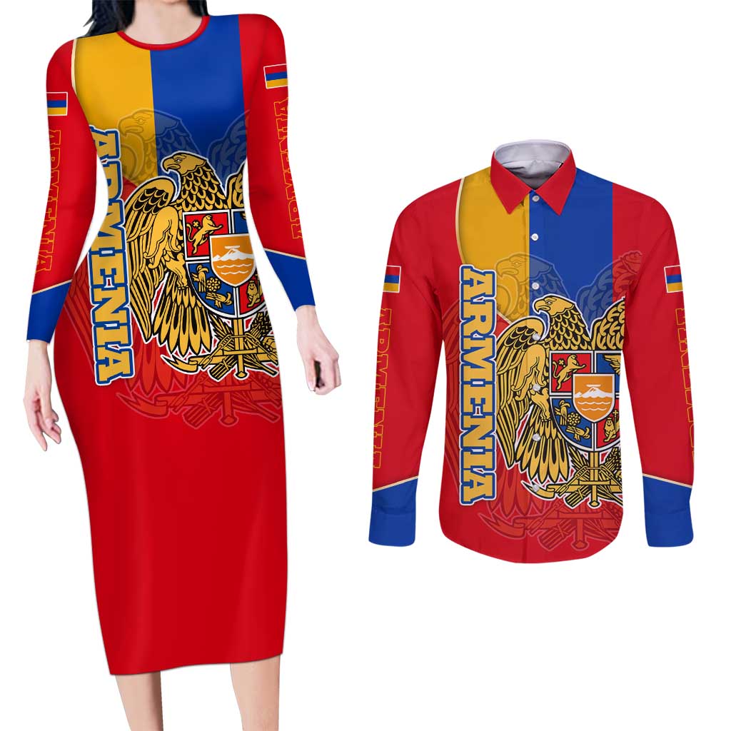 Armenia Flag Couples Matching Long Sleeve Bodycon Dress and Long Sleeve Button Shirt with National Coat of Arms and Map Design - Wonder Print Shop