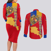 Armenia Flag Couples Matching Long Sleeve Bodycon Dress and Long Sleeve Button Shirt with National Coat of Arms and Map Design - Wonder Print Shop