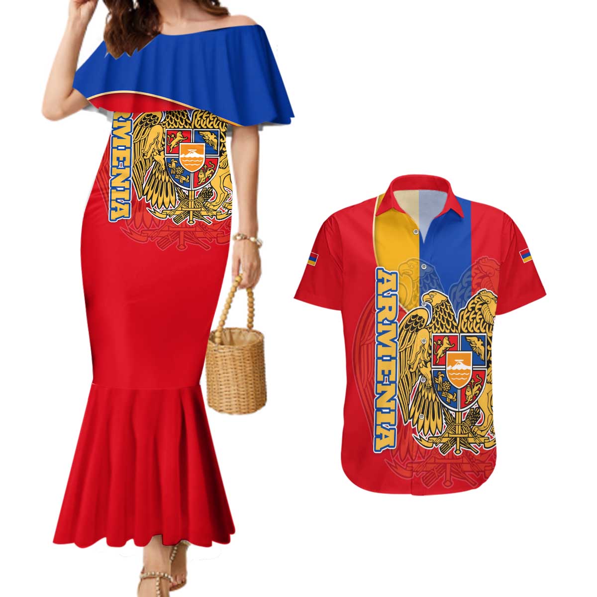 Armenia Flag Couples Matching Mermaid Dress and Hawaiian Shirt with National Coat of Arms and Map Design - Wonder Print Shop