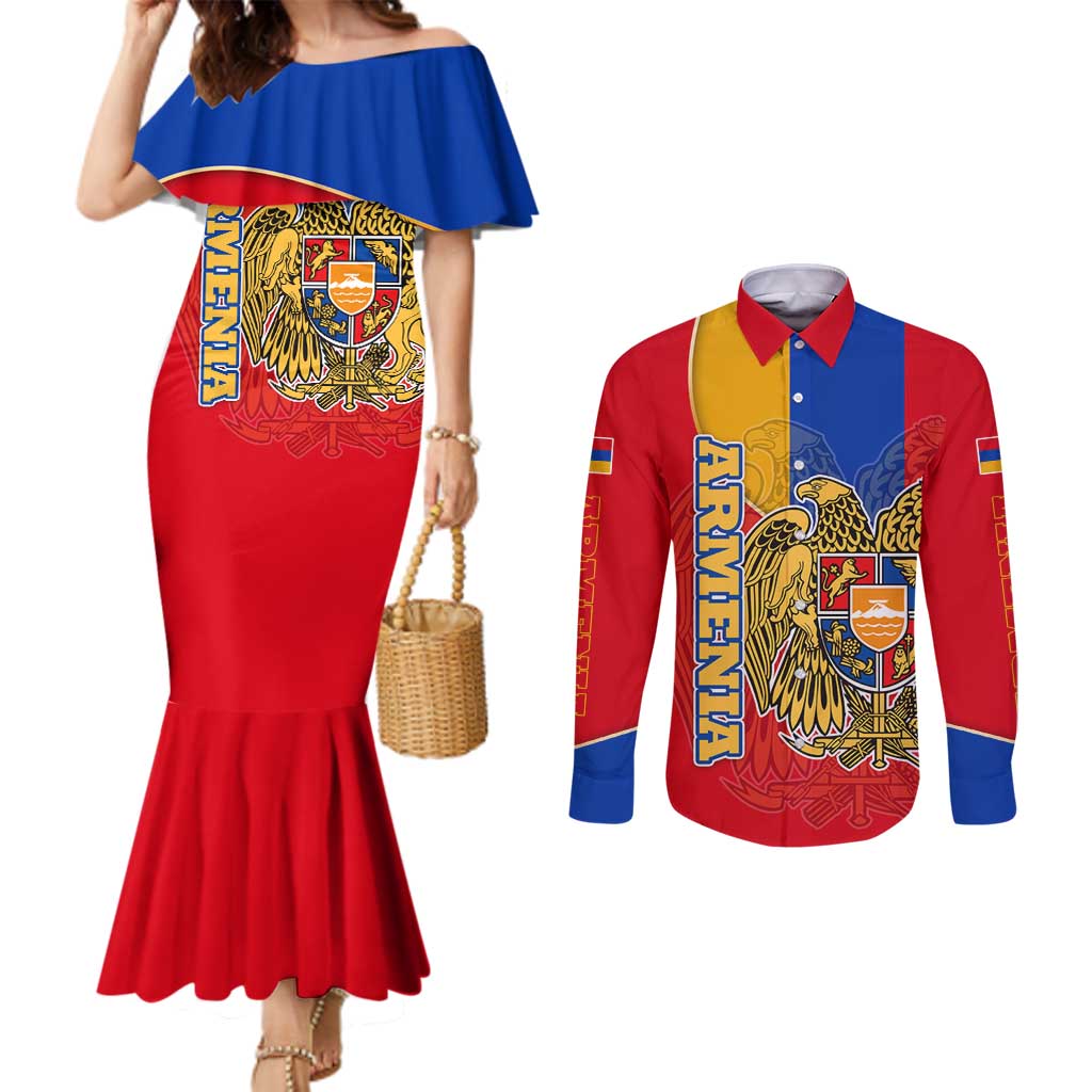 Armenia Flag Couples Matching Mermaid Dress and Long Sleeve Button Shirt with National Coat of Arms and Map Design - Wonder Print Shop