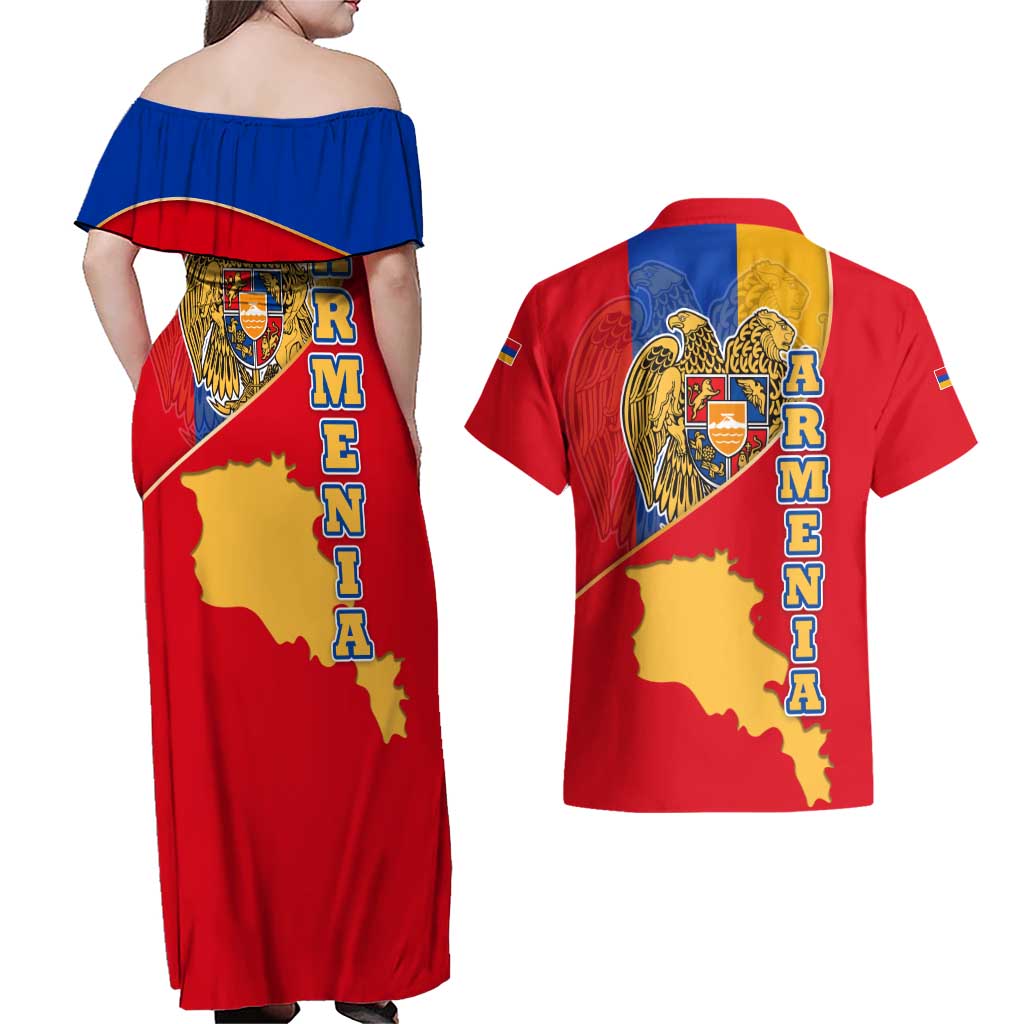 Armenia Flag Couples Matching Off Shoulder Maxi Dress and Hawaiian Shirt with National Coat of Arms and Map Design - Wonder Print Shop