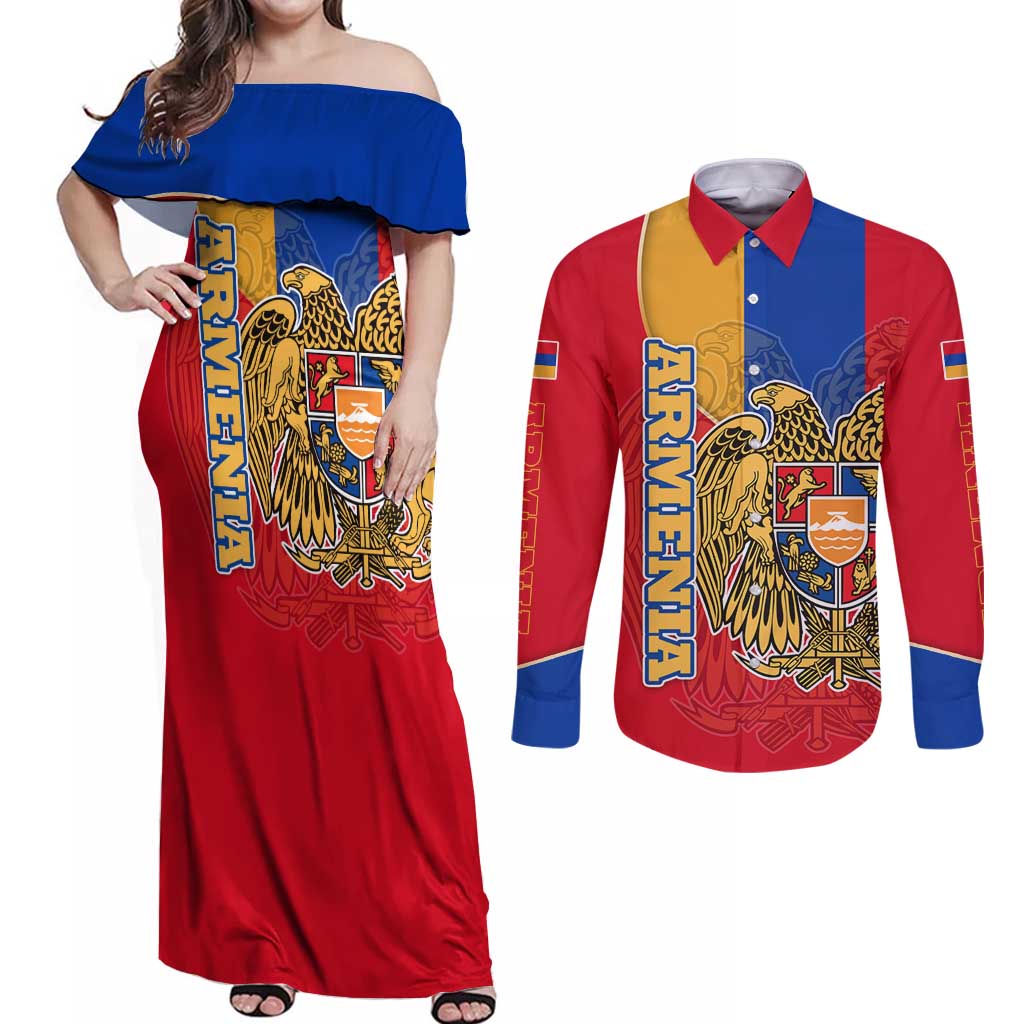 Armenia Flag Couples Matching Off Shoulder Maxi Dress and Long Sleeve Button Shirt with National Coat of Arms and Map Design - Wonder Print Shop