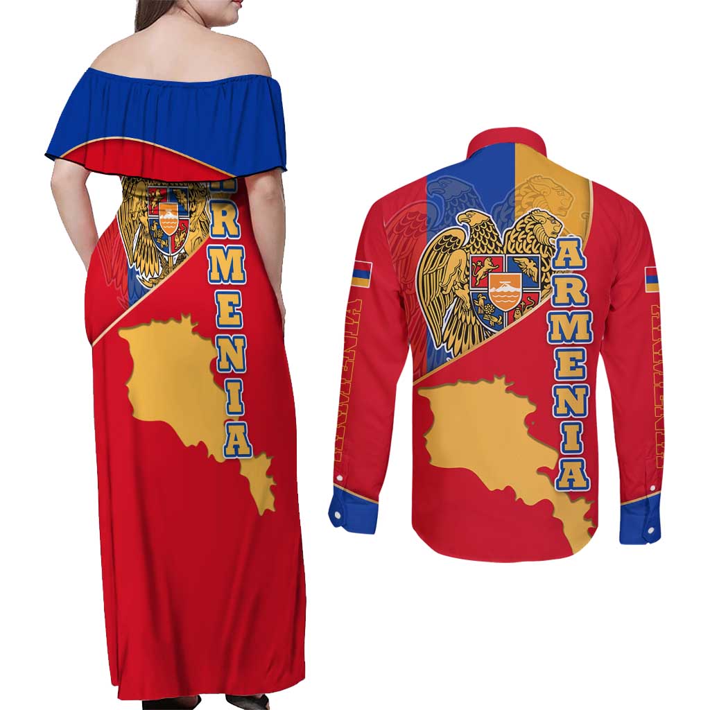 Armenia Flag Couples Matching Off Shoulder Maxi Dress and Long Sleeve Button Shirt with National Coat of Arms and Map Design - Wonder Print Shop