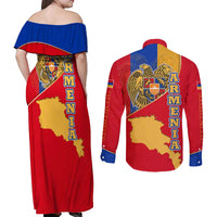 Armenia Flag Couples Matching Off Shoulder Maxi Dress and Long Sleeve Button Shirt with National Coat of Arms and Map Design - Wonder Print Shop