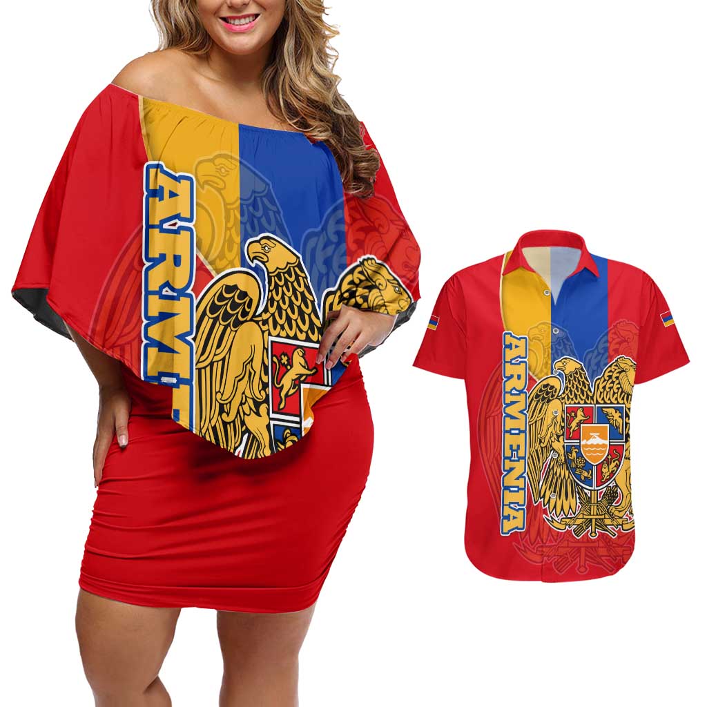 Armenia Flag Couples Matching Off Shoulder Short Dress and Hawaiian Shirt with National Coat of Arms and Map Design - Wonder Print Shop