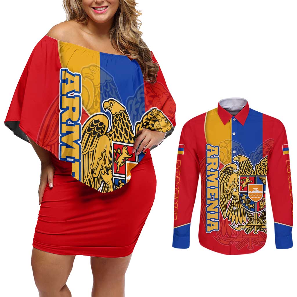Armenia Flag Couples Matching Off Shoulder Short Dress and Long Sleeve Button Shirt with National Coat of Arms and Map Design - Wonder Print Shop