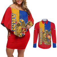 Armenia Flag Couples Matching Off Shoulder Short Dress and Long Sleeve Button Shirt with National Coat of Arms and Map Design - Wonder Print Shop
