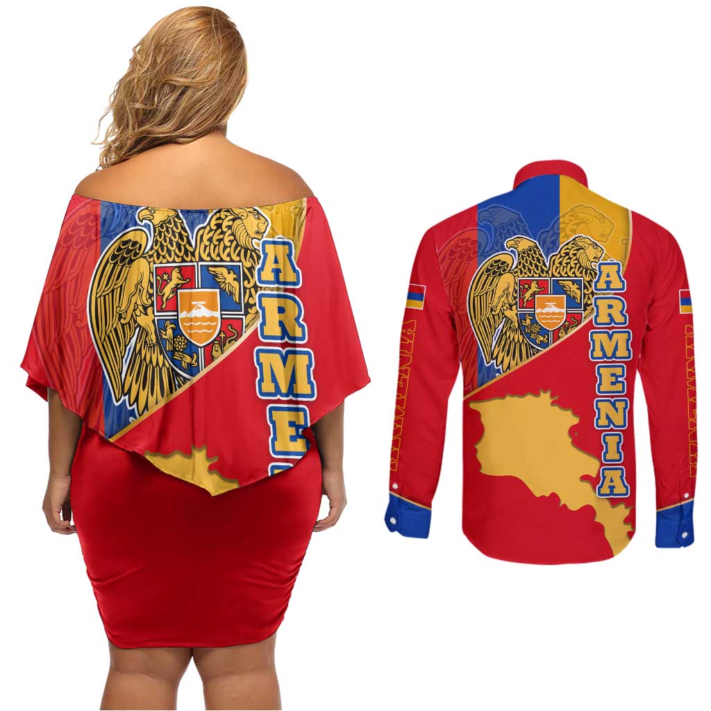 Armenia Flag Couples Matching Off Shoulder Short Dress and Long Sleeve Button Shirt with National Coat of Arms and Map Design - Wonder Print Shop