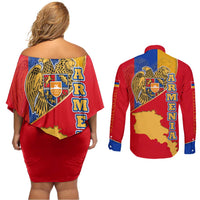 Armenia Flag Couples Matching Off Shoulder Short Dress and Long Sleeve Button Shirt with National Coat of Arms and Map Design - Wonder Print Shop