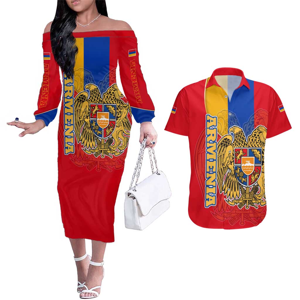Armenia Flag Couples Matching Off The Shoulder Long Sleeve Dress and Hawaiian Shirt with National Coat of Arms and Map Design - Wonder Print Shop