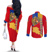 Armenia Flag Couples Matching Off The Shoulder Long Sleeve Dress and Long Sleeve Button Shirt with National Coat of Arms and Map Design - Wonder Print Shop